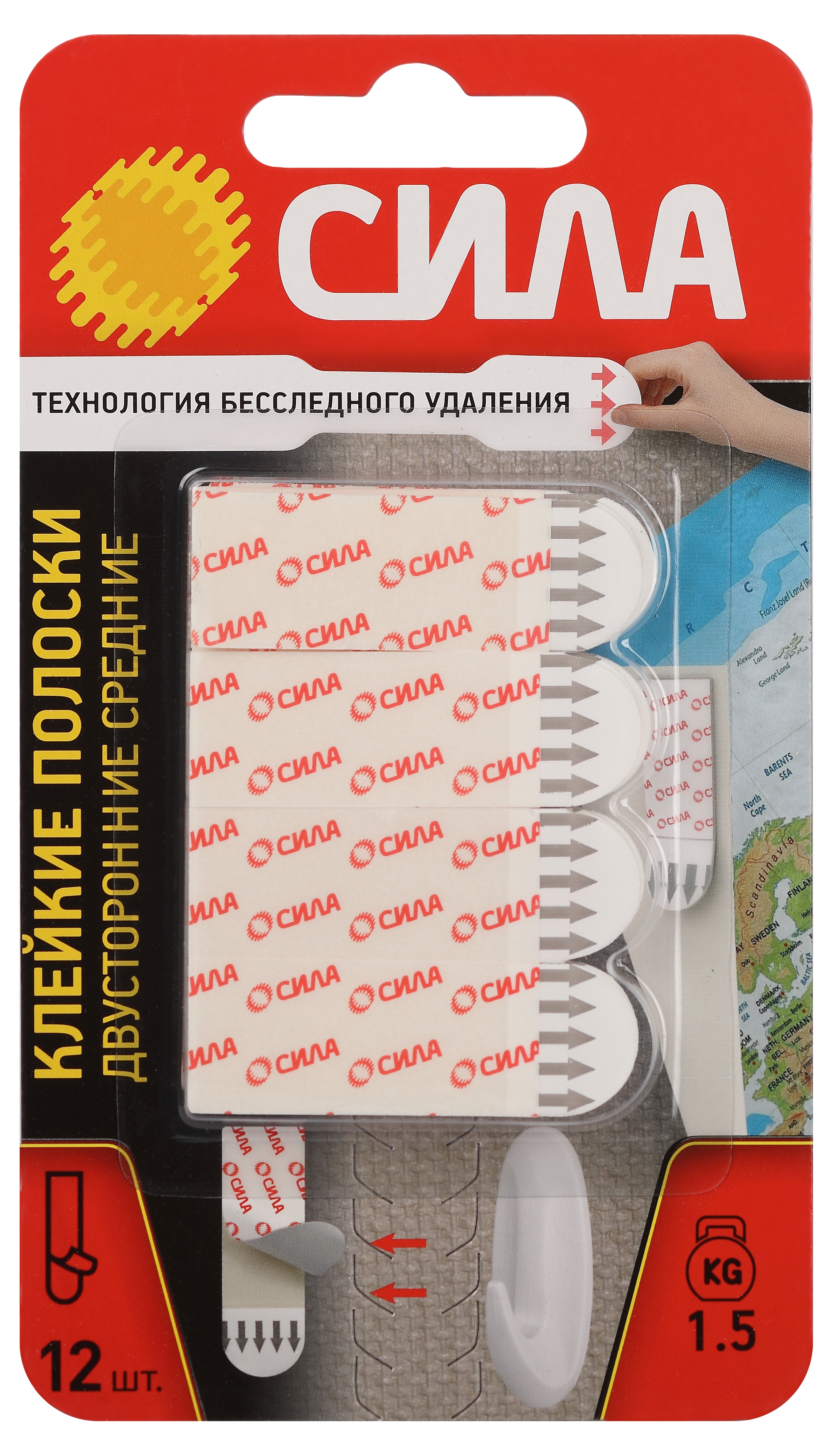 Клейкие полоски СИЛА SDSS-M-W12 двусторонние сменные средние 12 шт, до 1,5 кг белые